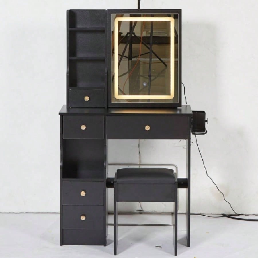 29.2 Small Size Left Drawer Desktop Vanity Table+ Cushioned Stool, 2 AC+2 USB Power Station, Hair dryer bracket, Large Control Sliding LED Mirror, Tri - color Switching, Brightness Adjust