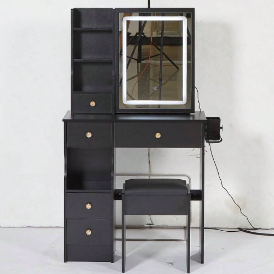 29.2 Small Size Left Drawer Desktop Vanity Table+ Cushioned Stool, 2 AC+2 USB Power Station, Hair dryer bracket, Large Control Sliding LED Mirror, Tri - color Switching, Brightness Adjust