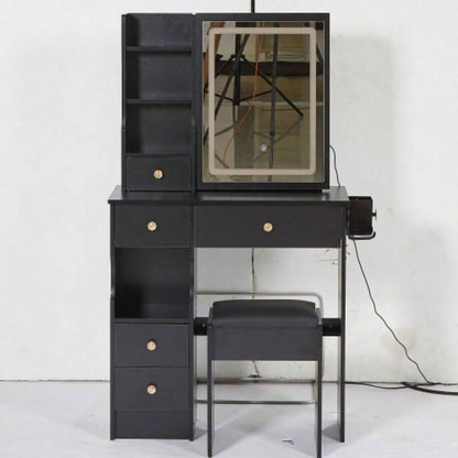 29.2 Small Size Left Drawer Desktop Vanity Table+ Cushioned Stool, 2 AC+2 USB Power Station, Hair dryer bracket, Large Control Sliding LED Mirror, Tri - color Switching, Brightness Adjust