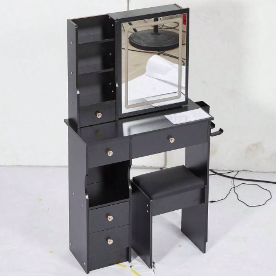 29.2 Small Size Left Drawer Desktop Vanity Table+ Cushioned Stool, 2 AC+2 USB Power Station, Hair dryer bracket, Large Control Sliding LED Mirror, Tri - color Switching, Brightness Adjust