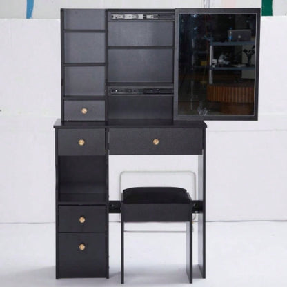 29.2 Small Size Left Drawer Desktop Vanity Table+ Cushioned Stool, 2 AC+2 USB Power Station, Hair dryer bracket, Large Control Sliding LED Mirror, Tri - color Switching, Brightness Adjust