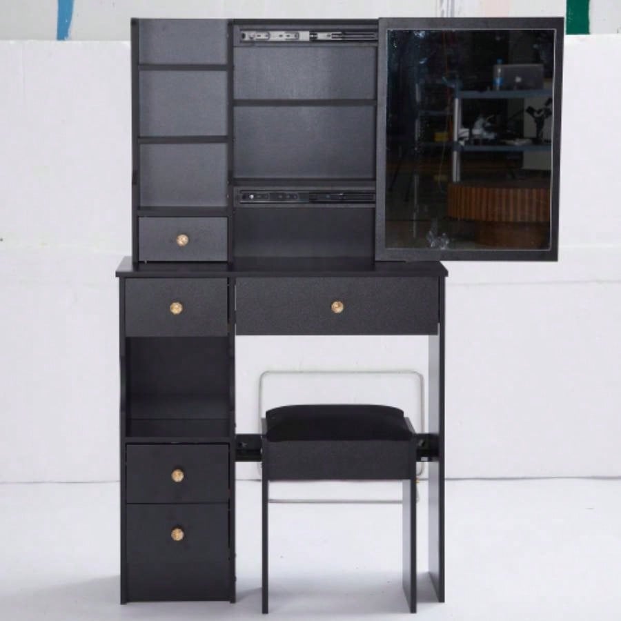 29.2 Small Size Left Drawer Desktop Vanity Table+ Cushioned Stool, 2 AC+2 USB Power Station, Hair dryer bracket, Large Control Sliding LED Mirror, Tri - color Switching, Brightness Adjust