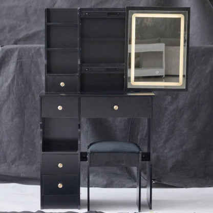 29.2 Small Size Left Drawer Desktop Vanity Table+ Cushioned Stool, 2 AC+2 USB Power Station, Hair dryer bracket, Large Control Sliding LED Mirror, Tri - color Switching, Brightness Adjust