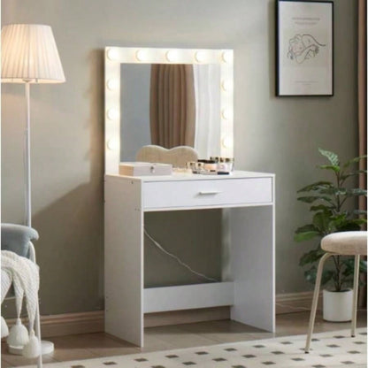 Vanity Desk with Mirror and Lights, Dressing Table with Large Drawer, 1 Level Storage Dresser 3 Lighting Modes Adjustable Brightness, Suitable BedroomWhite