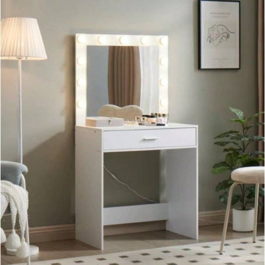 Vanity Desk with Mirror and Lights, Dressing Table with Large Drawer, 1 Level Storage Dresser 3 Lighting Modes Adjustable Brightness, Suitable BedroomWhite