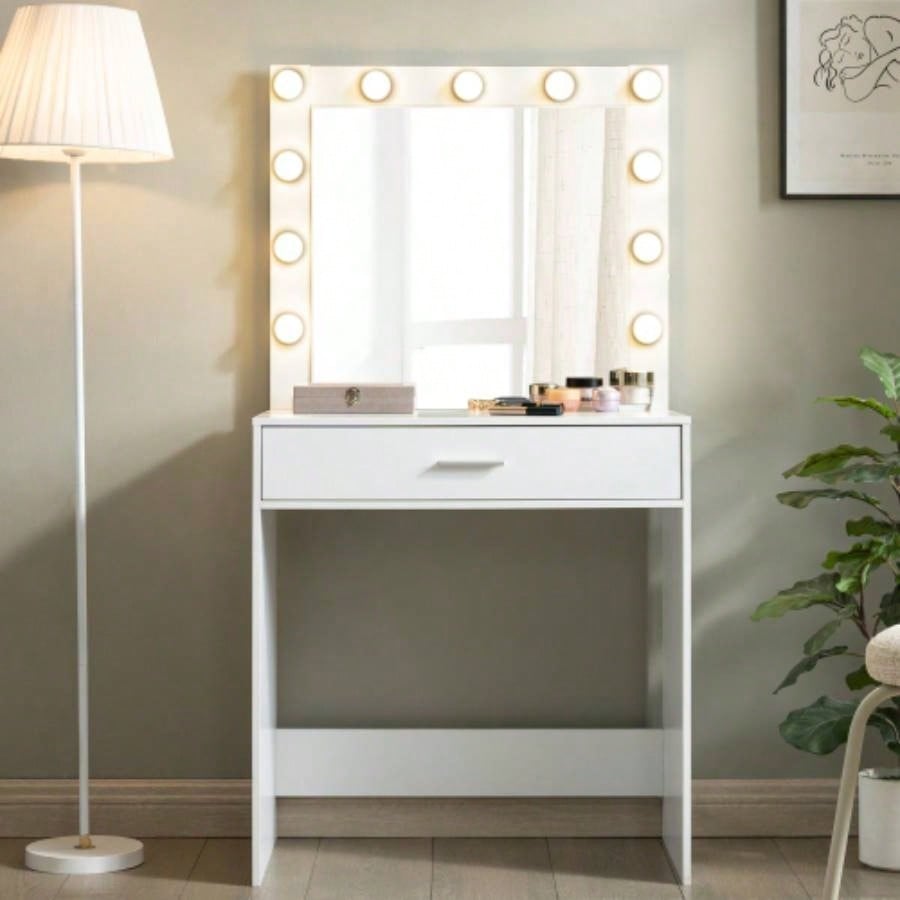 Vanity Desk with Mirror and Lights, Dressing Table with Large Drawer, 1 Level Storage Dresser 3 Lighting Modes Adjustable Brightness, Suitable BedroomWhite