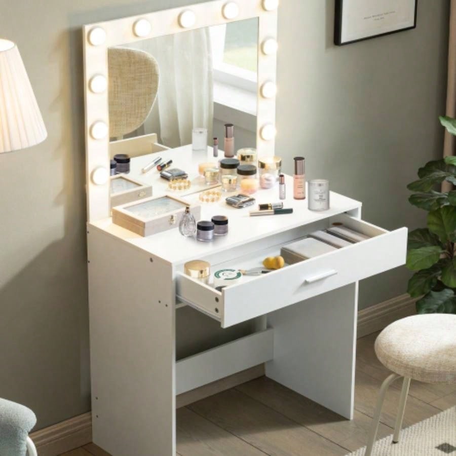Vanity Desk with Mirror and Lights, Dressing Table with Large Drawer, 1 Level Storage Dresser 3 Lighting Modes Adjustable Brightness, Suitable BedroomWhite