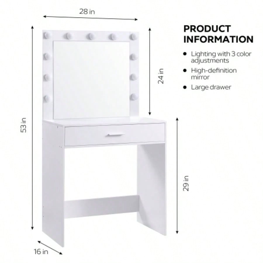 Vanity Desk with Mirror and Lights, Dressing Table with Large Drawer, 1 Level Storage Dresser 3 Lighting Modes Adjustable Brightness, Suitable BedroomWhite