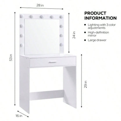 Vanity Desk with Mirror and Lights, Dressing Table with Large Drawer, 1 Level Storage Dresser 3 Lighting Modes Adjustable Brightness, Suitable BedroomWhite