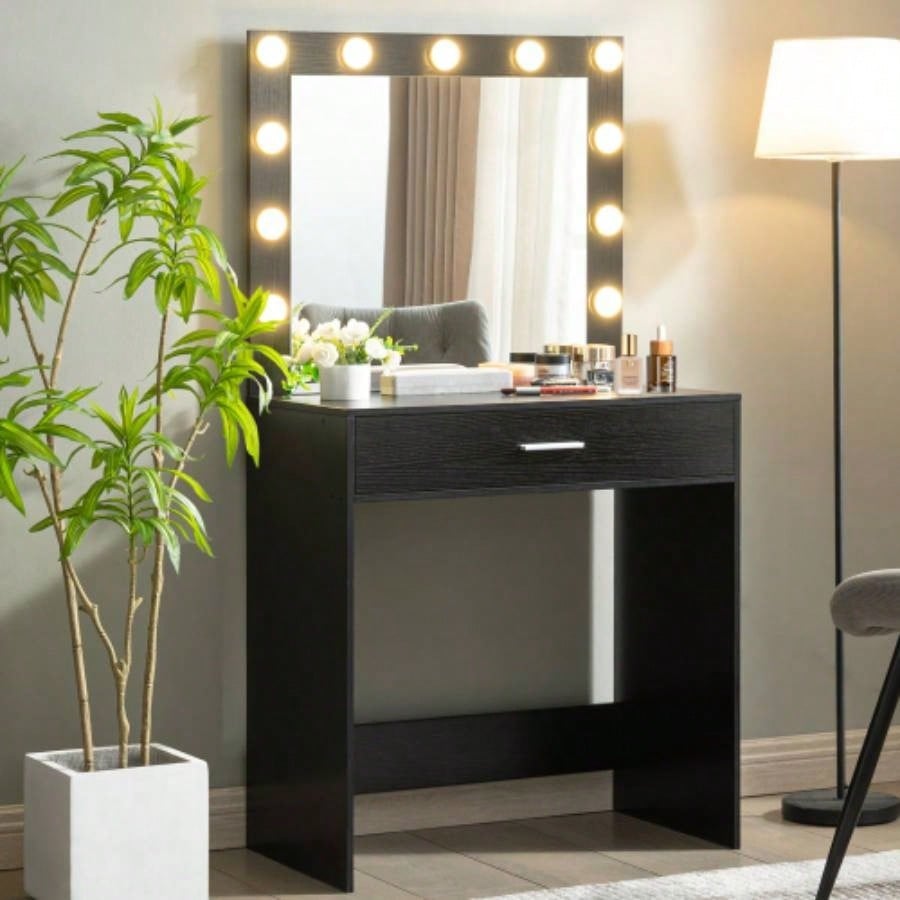 Vanity Desk with Mirror and Lights, Dressing Table with Large Drawer, 1 Level Storage Dresser 3 Lighting Modes Adjustable Brightness, Suitable BedroomWhite