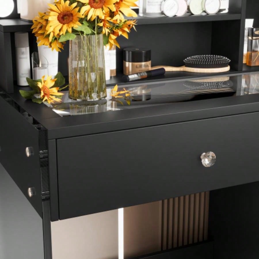 Vanity Desk with Mirror and 3 Lighting Modes, Makeup Vanity with Glass Top and Storage Shelves, Dressing Table with 2 Drawers and Cabinet, Black