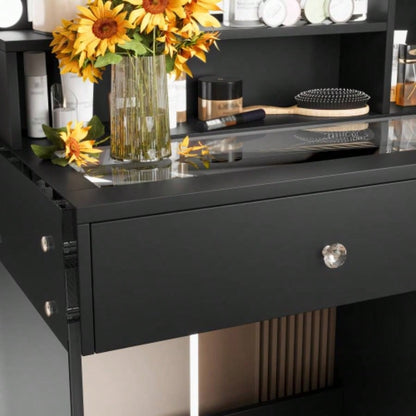 Vanity Desk with Mirror and 3 Lighting Modes, Makeup Vanity with Glass Top and Storage Shelves, Dressing Table with 2 Drawers and Cabinet, Black
