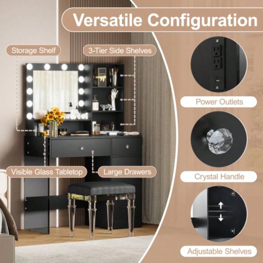Vanity Desk with Mirror and 3 Lighting Modes, Makeup Vanity with Glass Top and Storage Shelves, Dressing Table with 2 Drawers and Cabinet, Black