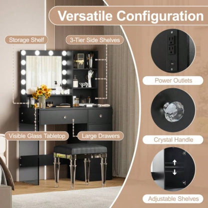 Vanity Desk with Mirror and 3 Lighting Modes, Makeup Vanity with Glass Top and Storage Shelves, Dressing Table with 2 Drawers and Cabinet, Black