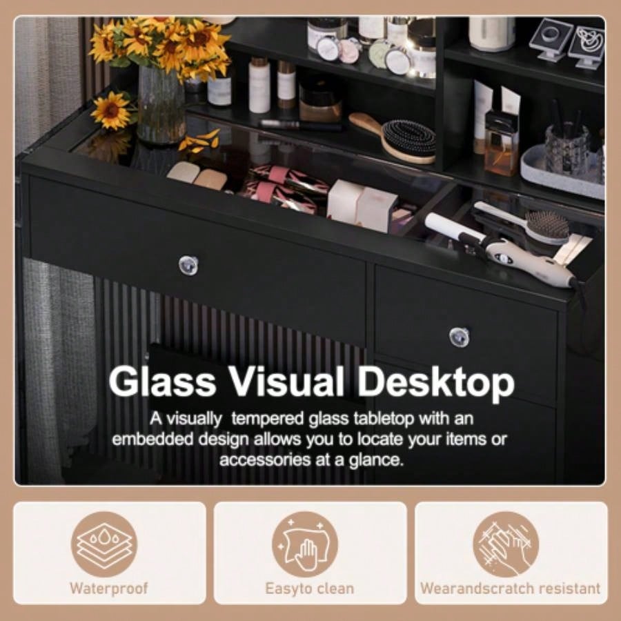 Vanity Desk with Mirror and 3 Lighting Modes, Makeup Vanity with Glass Top and Storage Shelves, Dressing Table with 2 Drawers and Cabinet, Black