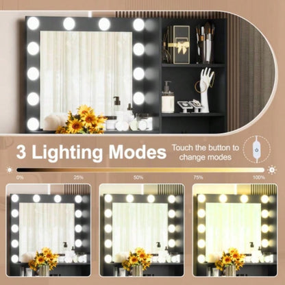 Vanity Desk with Mirror and 3 Lighting Modes, Makeup Vanity with Glass Top and Storage Shelves, Dressing Table with 2 Drawers and Cabinet, Black