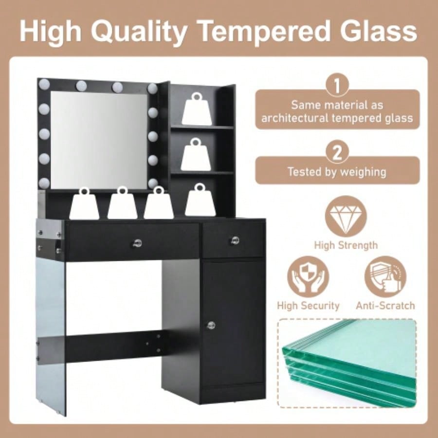 Vanity Desk with Mirror and 3 Lighting Modes, Makeup Vanity with Glass Top and Storage Shelves, Dressing Table with 2 Drawers and Cabinet, Black