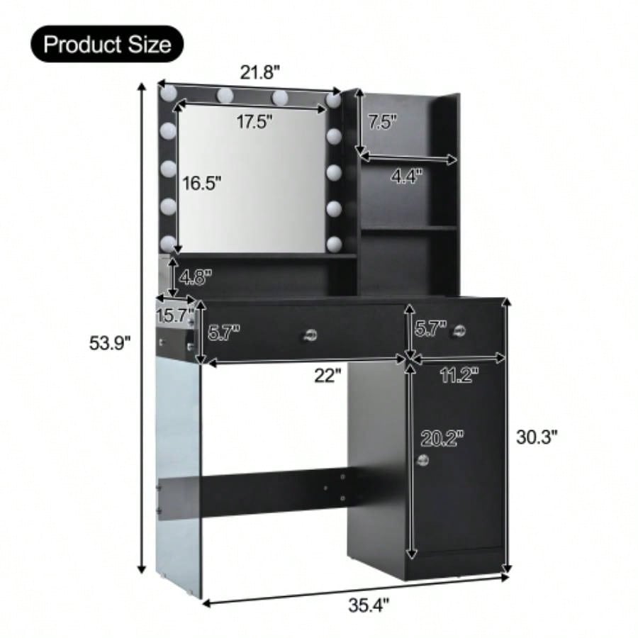 Vanity Desk with Mirror and 3 Lighting Modes, Makeup Vanity with Glass Top and Storage Shelves, Dressing Table with 2 Drawers and Cabinet, Black