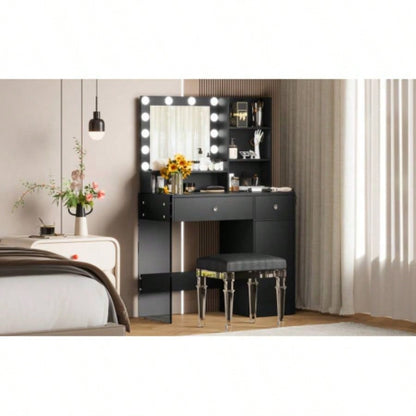Vanity Desk with Mirror and 3 Lighting Modes, Makeup Vanity with Glass Top and Storage Shelves, Dressing Table with 2 Drawers and Cabinet, Black