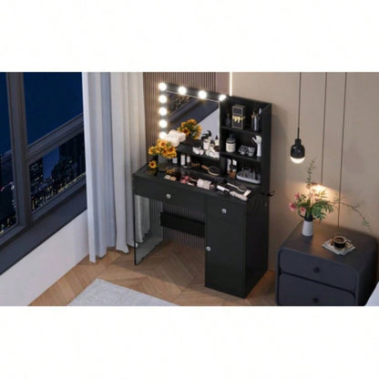 Vanity Desk with Mirror and 3 Lighting Modes, Makeup Vanity with Glass Top and Storage Shelves, Dressing Table with 2 Drawers and Cabinet, Black