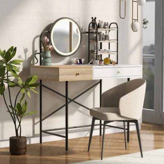 GO 40 Makeup Vanity Desk with 3 - Mode Lighted Mirror Wireless Charging Station, Vanity Table with Drawer 3 Open Shelves Ample Storage Space, Dressing Table Bedroom, White