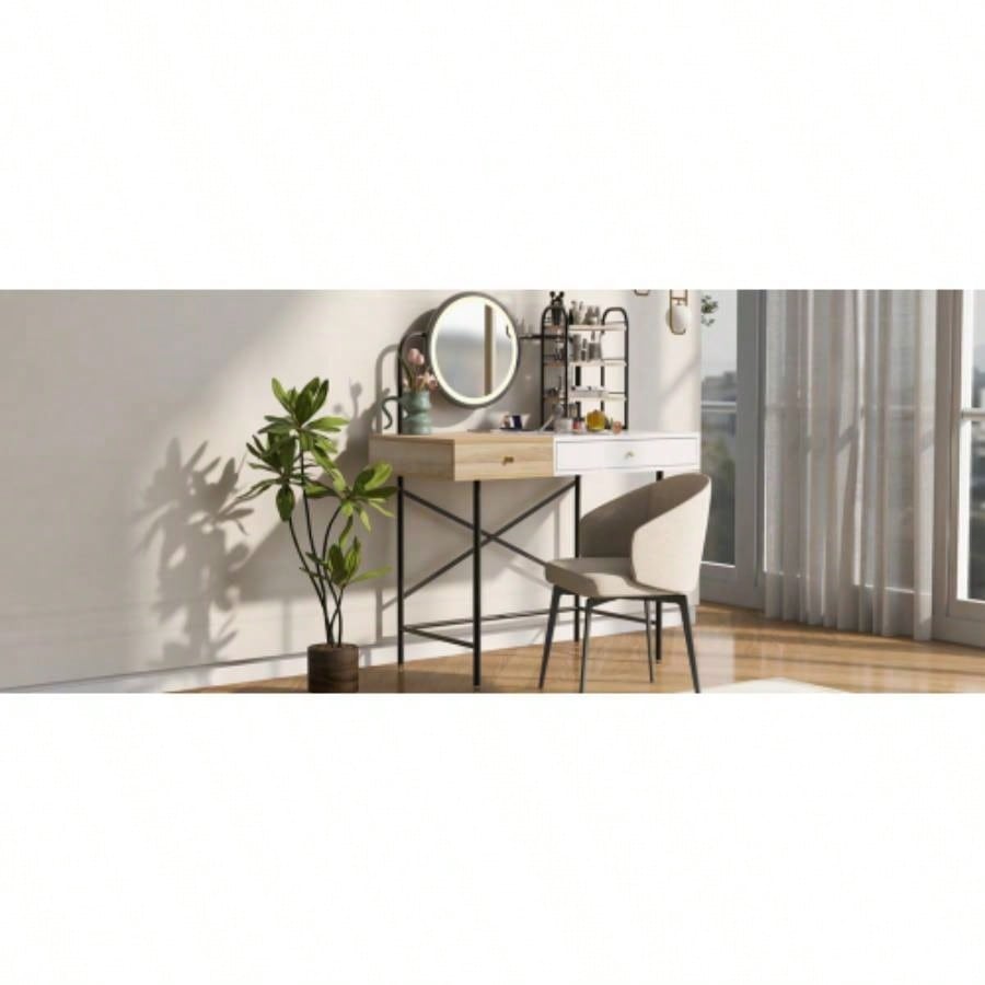 GO 40 Makeup Vanity Desk with 3 - Mode Lighted Mirror Wireless Charging Station, Vanity Table with Drawer 3 Open Shelves Ample Storage Space, Dressing Table Bedroom, White