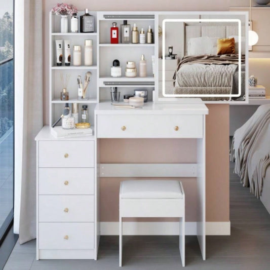 37 Middle Size Left Bedside Cabinet Vanity Table+ Cushioned Stool, Large Sliding, Control, Tri - color Switching, Brightness Adjust LED Mirror, High Capacity Storage, Suitable Middle Space
