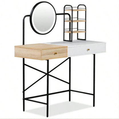 GO 40 Makeup Vanity Desk with 3 - Mode Lighted Mirror Wireless Charging Station, Vanity Table with Drawer 3 Open Shelves Ample Storage Space, Dressing Table Bedroom, White