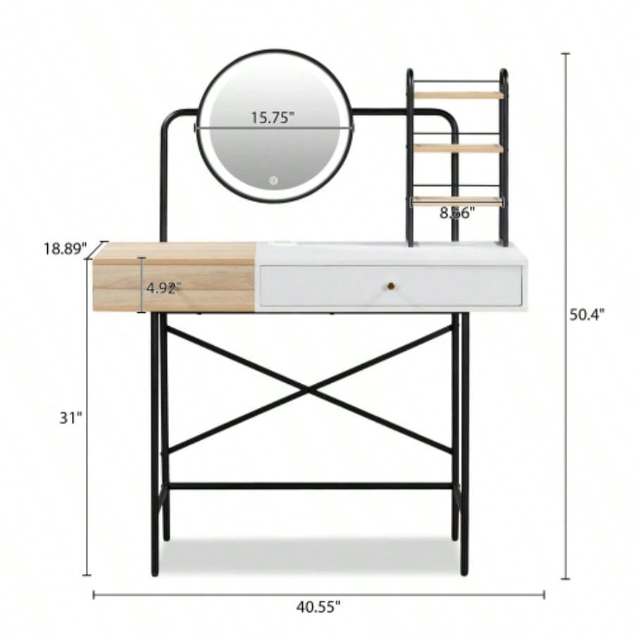 GO 40 Makeup Vanity Desk with 3 - Mode Lighted Mirror Wireless Charging Station, Vanity Table with Drawer 3 Open Shelves Ample Storage Space, Dressing Table Bedroom, White