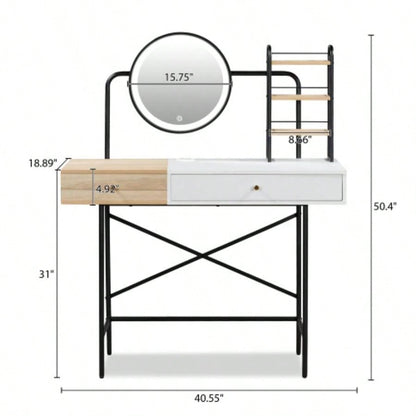GO 40 Makeup Vanity Desk with 3 - Mode Lighted Mirror Wireless Charging Station, Vanity Table with Drawer 3 Open Shelves Ample Storage Space, Dressing Table Bedroom, White