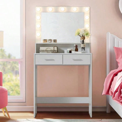 Vanity Desk with Mirror and Lights, Dressing Table with Large Drawer, 2 Level Storage Dresser 3 Lighting Modes Adjustable Brightness, Suitable BedroomWhite