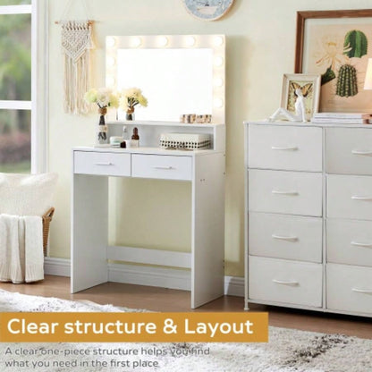 Vanity Desk with Mirror and Lights, Dressing Table with Large Drawer, 2 Level Storage Dresser 3 Lighting Modes Adjustable Brightness, Suitable BedroomWhite