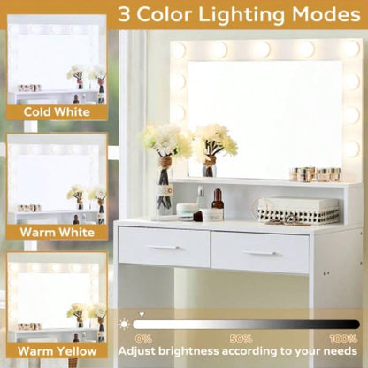 Vanity Desk with Mirror and Lights, Dressing Table with Large Drawer, 2 Level Storage Dresser 3 Lighting Modes Adjustable Brightness, Suitable BedroomWhite