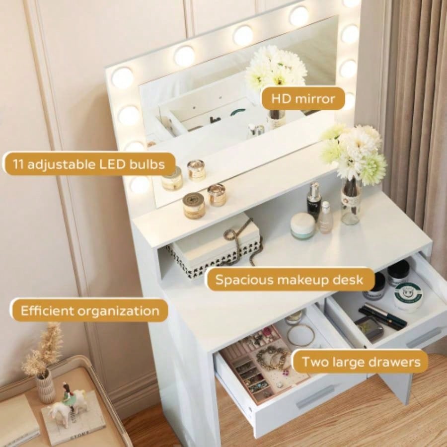 Vanity Desk with Mirror and Lights, Dressing Table with Large Drawer, 2 Level Storage Dresser 3 Lighting Modes Adjustable Brightness, Suitable BedroomWhite