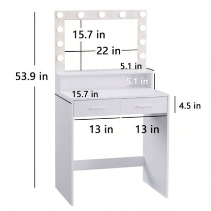 Vanity Desk with Mirror and Lights, Dressing Table with Large Drawer, 2 Level Storage Dresser 3 Lighting Modes Adjustable Brightness, Suitable BedroomWhite
