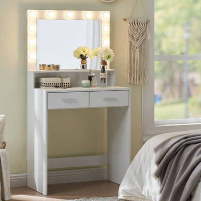 Vanity Desk with Mirror and Lights, Dressing Table with Large Drawer, 2 Level Storage Dresser 3 Lighting Modes Adjustable Brightness, Suitable BedroomWhite