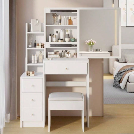 29.2 Small Space Left Bedside Cabinet Vanity Table+ Cushioned Stool, Large Right sliding mirror, Multi Layer High Capacity Storage, Practical Fashionable Dresser, Suitable Small Space