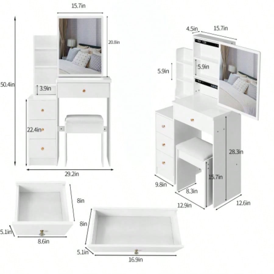 29.2 Small Space Left Bedside Cabinet Vanity Table+ Cushioned Stool, Large Right sliding mirror, Multi Layer High Capacity Storage, Practical Fashionable Dresser, Suitable Small Space