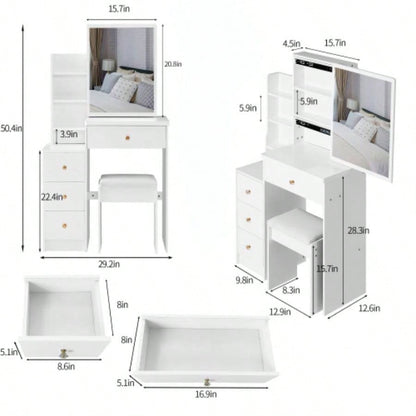 29.2 Small Space Left Bedside Cabinet Vanity Table+ Cushioned Stool, Large Right sliding mirror, Multi Layer High Capacity Storage, Practical Fashionable Dresser, Suitable Small Space