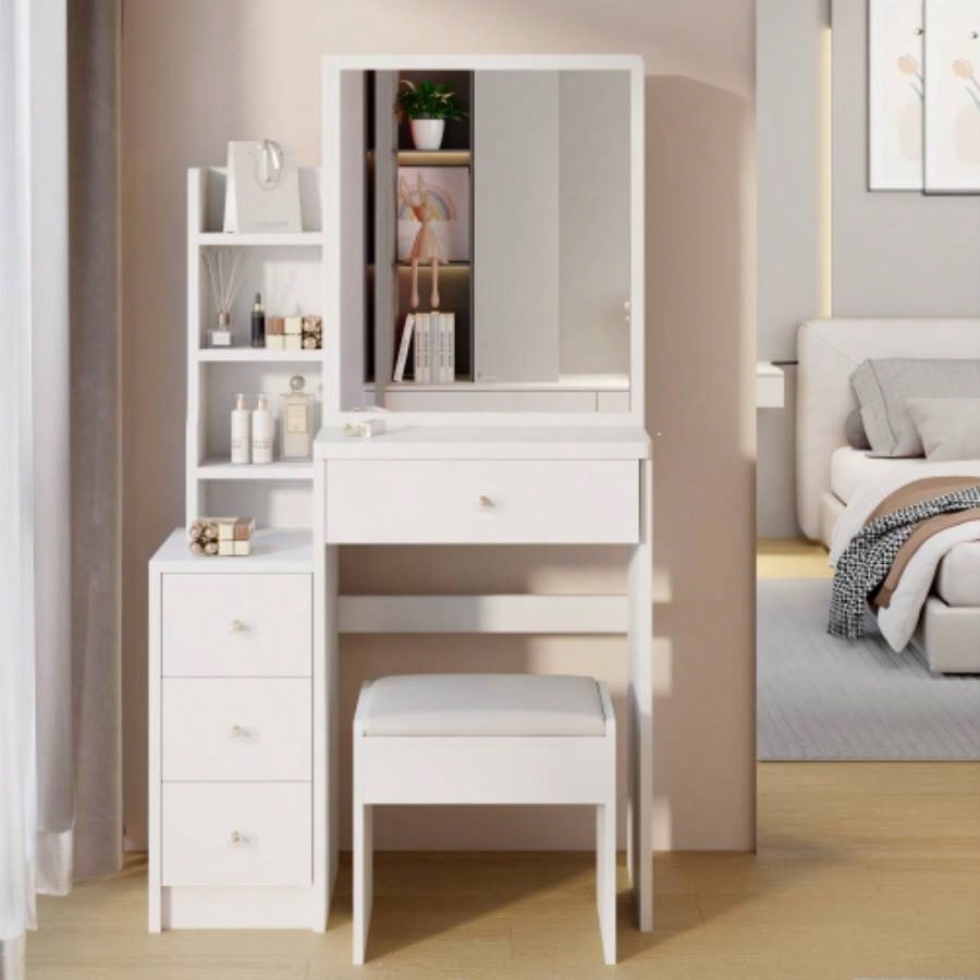 29.2 Small Space Left Bedside Cabinet Vanity Table+ Cushioned Stool, Large Right sliding mirror, Multi Layer High Capacity Storage, Practical Fashionable Dresser, Suitable Small Space