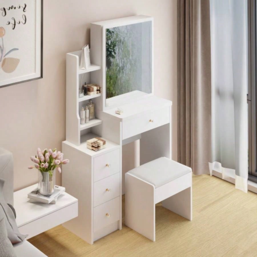 29.2 Small Space Left Bedside Cabinet Vanity Table+ Cushioned Stool, Large Right sliding mirror, Multi Layer High Capacity Storage, Practical Fashionable Dresser, Suitable Small Space