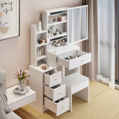 29.2 Small Space Left Bedside Cabinet Vanity Table+ Cushioned Stool, Large Right sliding mirror, Multi Layer High Capacity Storage, Practical Fashionable Dresser, Suitable Small Space