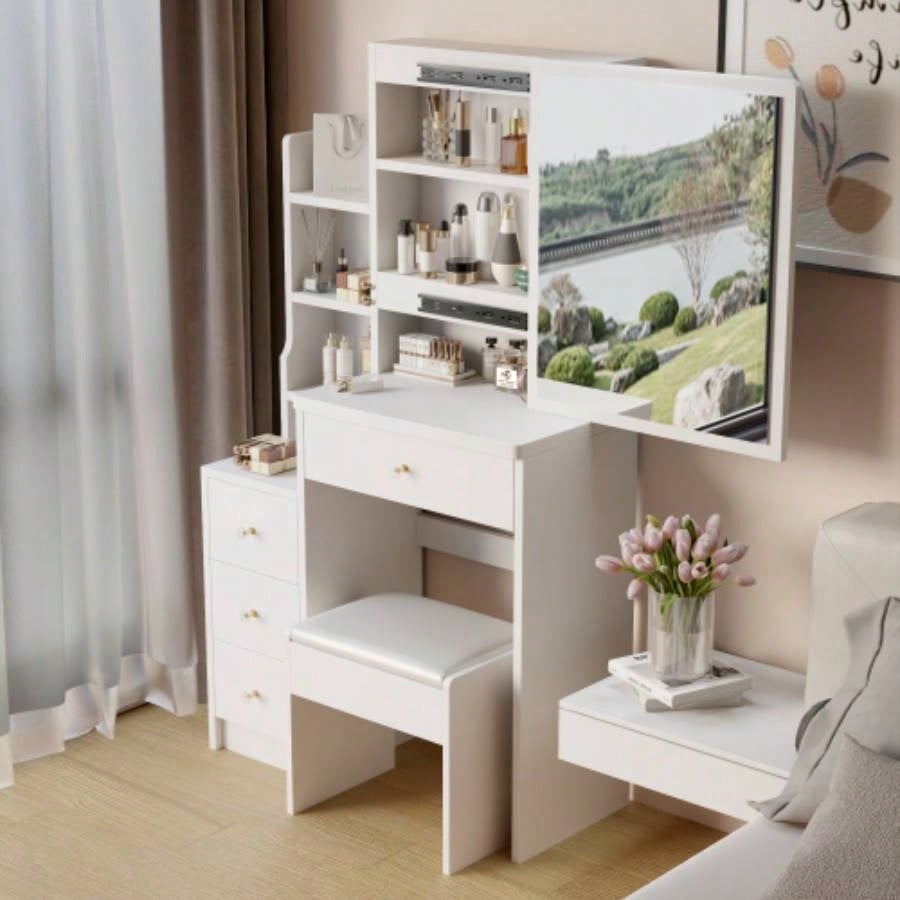 29.2 Small Space Left Bedside Cabinet Vanity Table+ Cushioned Stool, Large Right sliding mirror, Multi Layer High Capacity Storage, Practical Fashionable Dresser, Suitable Small Space