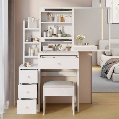 29.2 Small Space Left Bedside Cabinet Vanity Table+ Cushioned Stool, Large Right sliding mirror, Multi Layer High Capacity Storage, Practical Fashionable Dresser, Suitable Small Space