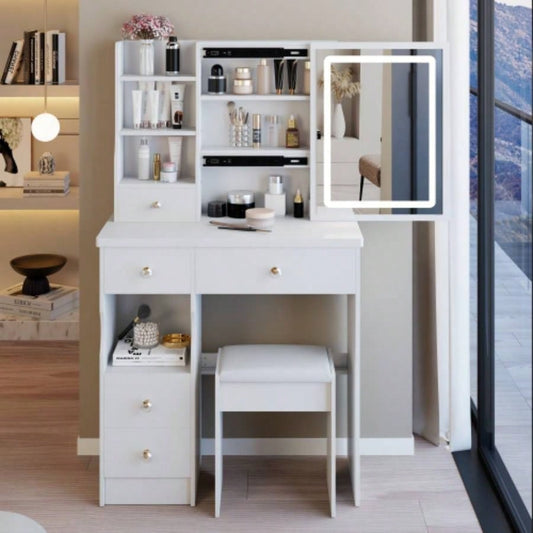 29.2 Small Size Left Drawer Desktop Vanity Table+ Cushioned Stool, Large Sliding, Control, Tri - color Switching, Brightness Adjust LED Mirror, High Capacity Storage, Suitable Small Space