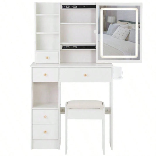 29.2 Small Size Left Drawer Desktop Vanity Table+ Cushioned Stool, 2 AC+2 USB Power Station, Hair dryer bracket, Large Control Sliding LED Mirror, Tri - color Switching, Brightness Adjust