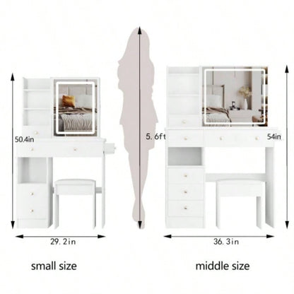 29.2 Small Size Left Drawer Desktop Vanity Table+ Cushioned Stool, 2 AC+2 USB Power Station, Hair dryer bracket, Large Control Sliding LED Mirror, Tri - color Switching, Brightness Adjust