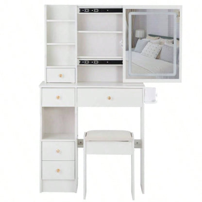29.2 Small Size Left Drawer Desktop Vanity Table+ Cushioned Stool, 2 AC+2 USB Power Station, Hair dryer bracket, Large Control Sliding LED Mirror, Tri - color Switching, Brightness Adjust