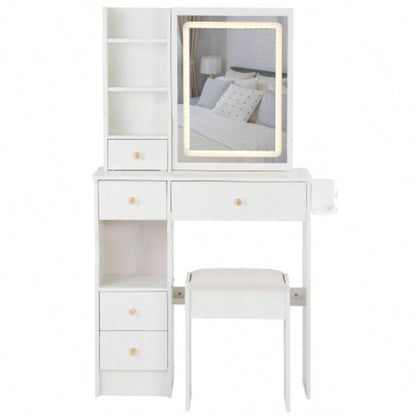29.2 Small Size Left Drawer Desktop Vanity Table+ Cushioned Stool, 2 AC+2 USB Power Station, Hair dryer bracket, Large Control Sliding LED Mirror, Tri - color Switching, Brightness Adjust