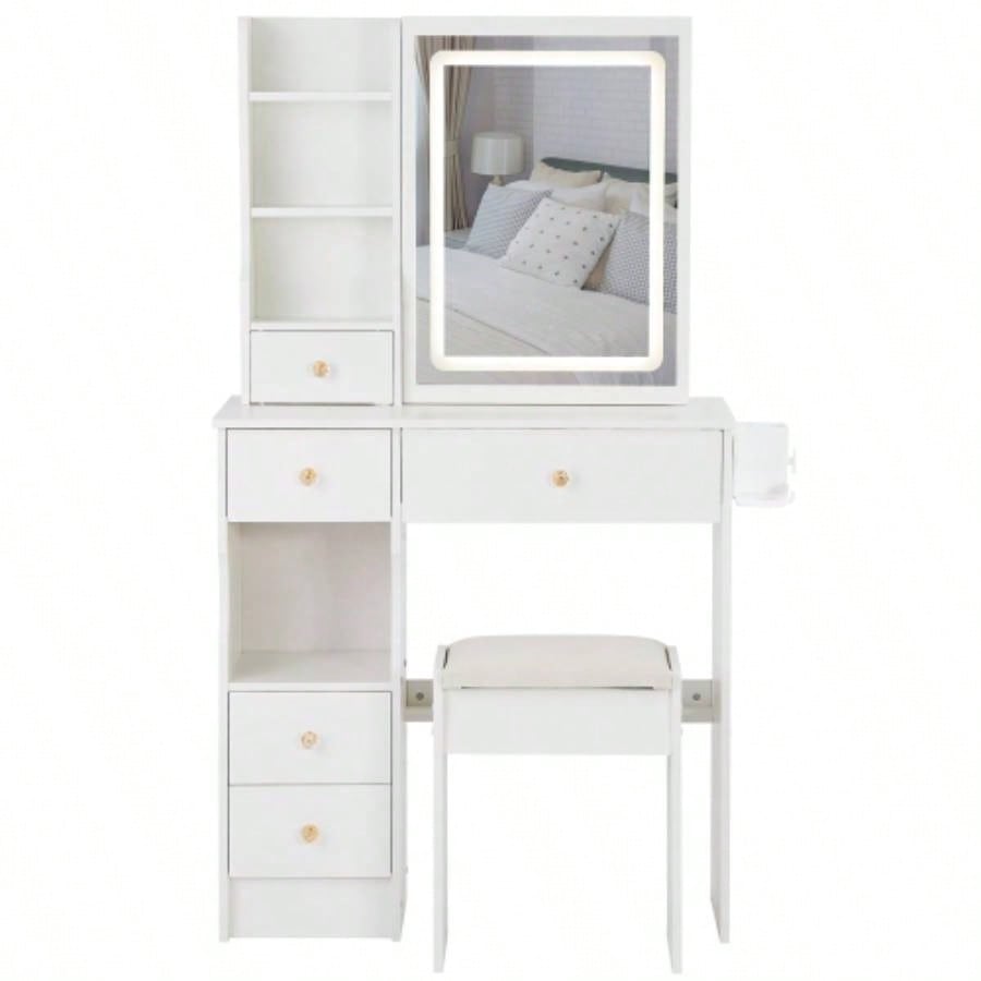 29.2 Small Size Left Drawer Desktop Vanity Table+ Cushioned Stool, 2 AC+2 USB Power Station, Hair dryer bracket, Large Control Sliding LED Mirror, Tri - color Switching, Brightness Adjust